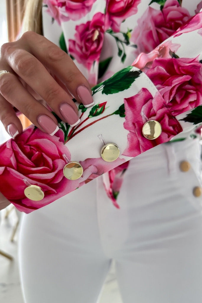 Camicia elegante bianca a fantasia floreale rose rosa con bottoni dorati