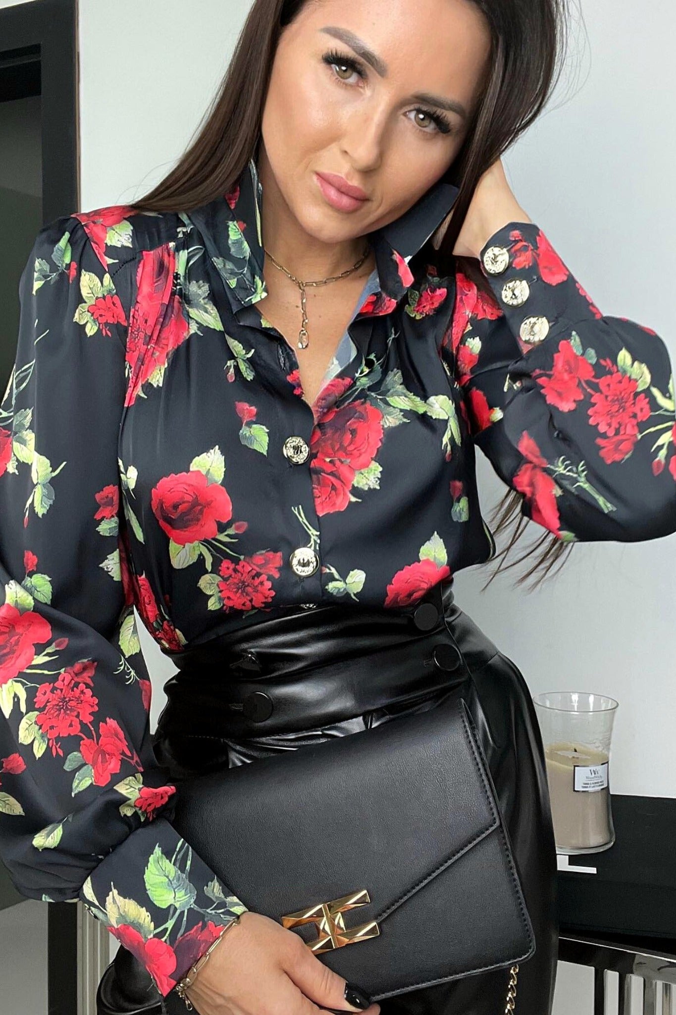 Camicetta Camicia Con Rose Rosse Camicia Elegante Nera A Fantasia