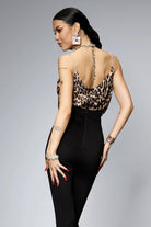 Canotta leopardata Moda-Mania in tessuto satinato con spalline in strass, stile elegante e alla moda.