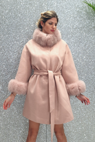 Cappotto in lana cashmere rosa invernale Moda-Mania, foderato con collo e polsi in pelo naturale, giacca elegante e caldo