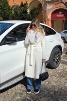 Cappotto invernale bianco doppiopetto in cashmere con fodera trapuntata, scollo a V e pelo naturale rimovibile, giacche Moda-Mania