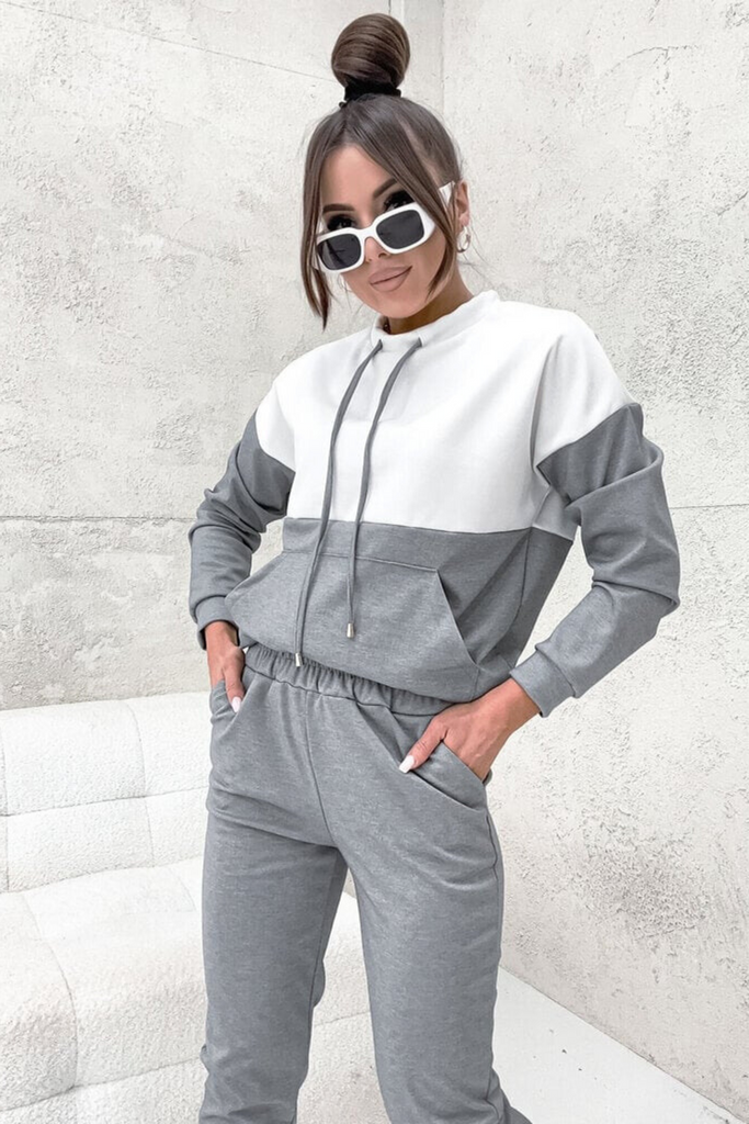Completo casual sportivo bicolore bianco grigio felpa con tasca a marsupio e pantaloni con coulisse