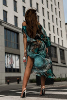 Completo estivo verde petrolio a fantasia maculata Moda-Mania con top e pantaloni larghi in georgette, stile elegante e leggero.