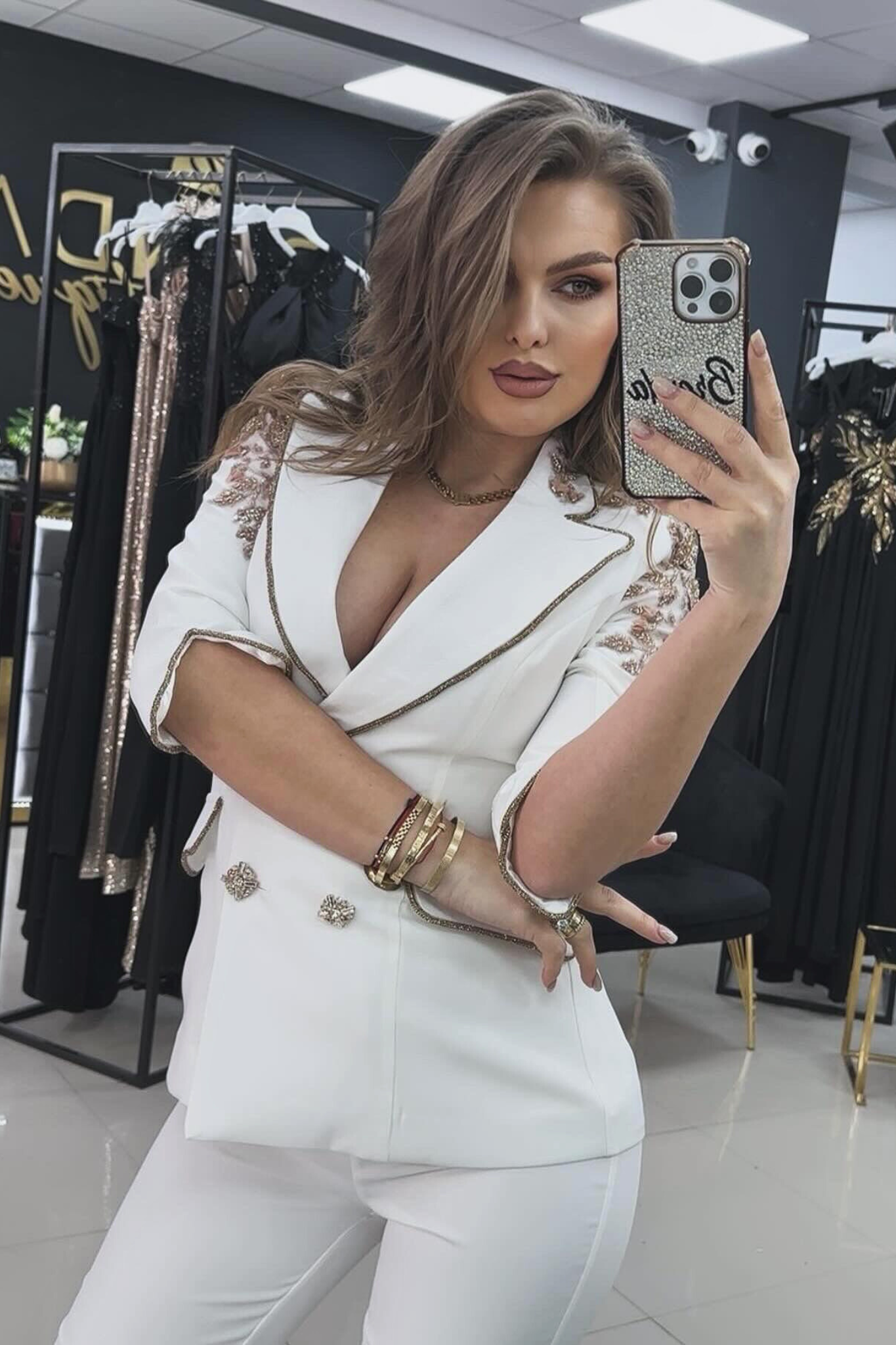 Completo Elegante Due Pezzi Con Paillettes Per Donna – Giacca Blazer Slim E Pantaloni A Gamba Larga, Perfetto Per Feste E Serate