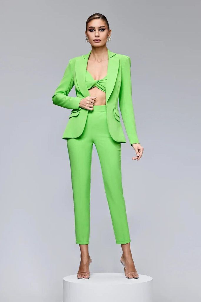 Completo tailleur elegante verde lime Bby a tre pezzi con giacca classica e pantaloni a sigaretta