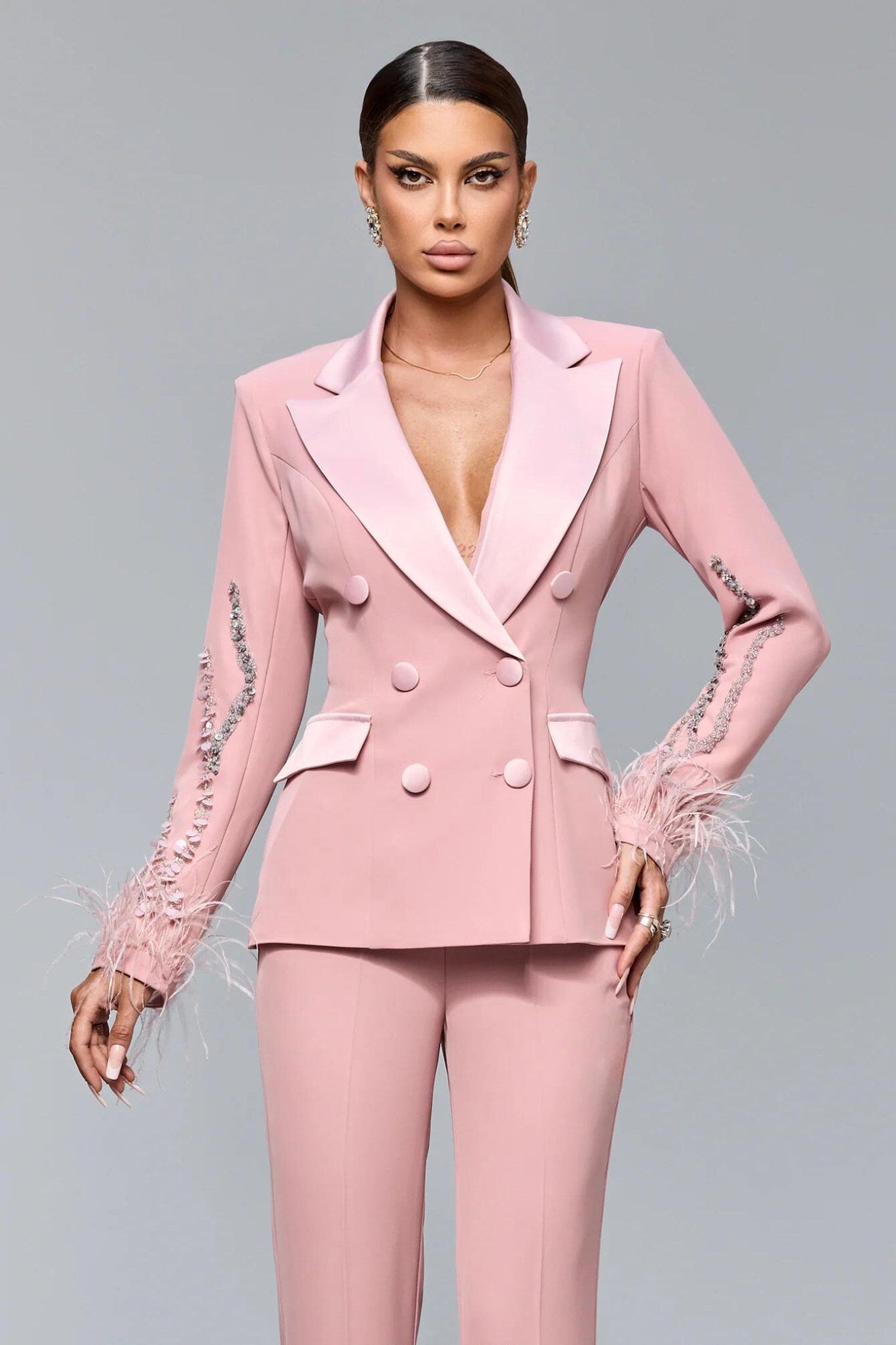 Blazer Pantaloni Eleganti Rosa Cipria Completo Tailleur