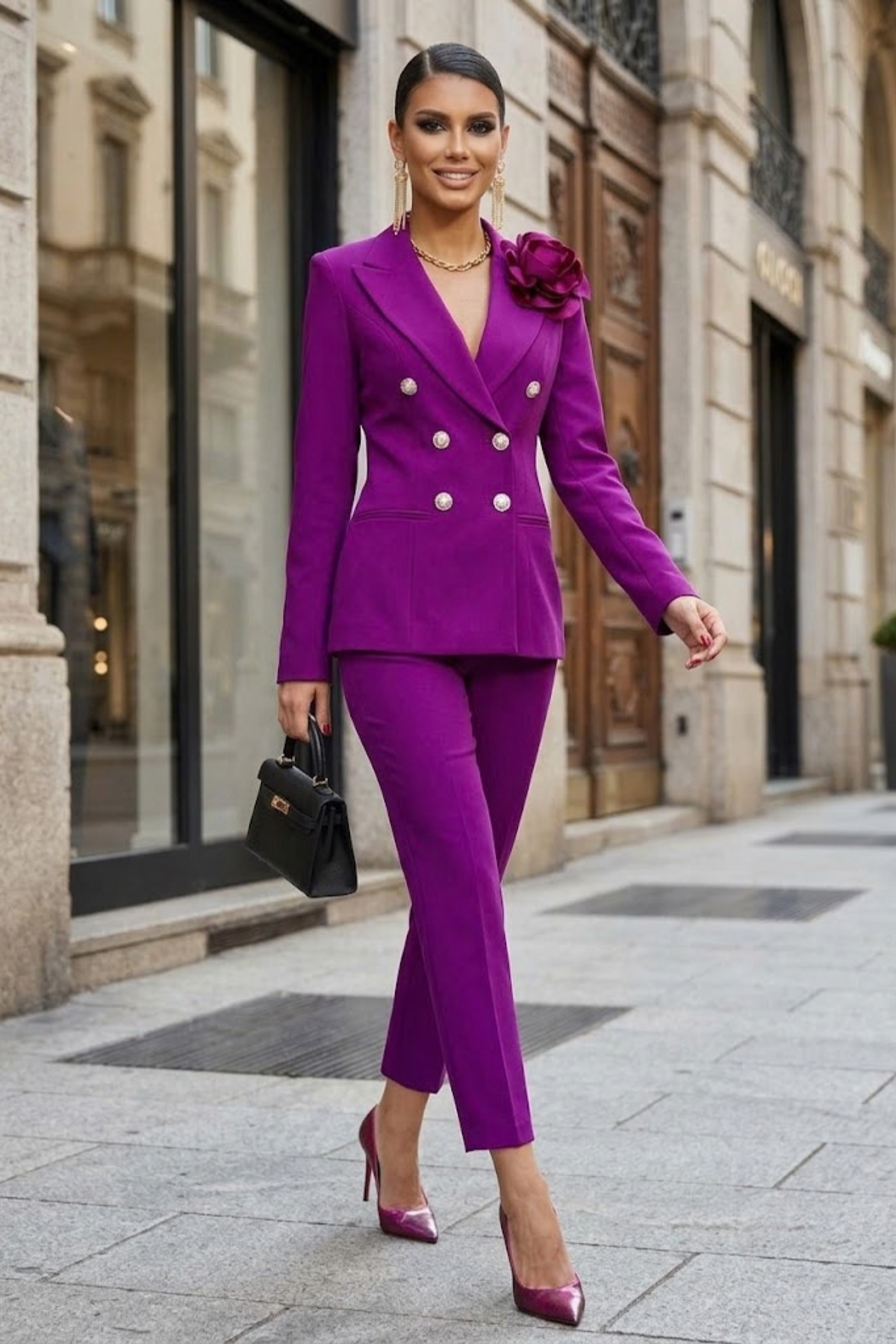 Completo tailleur viola magenta Bby giacca doppiopetto con spilla fiore e pantaloni a sigaretta