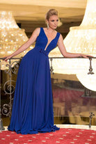 Abito lungo svasato blu Fofy con corpino decorato con perline e fiocco, tessuto leggero e elegante, vista frontale.