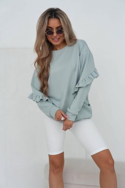 Felpa oversize menta in cotone con maniche lunghe e dettagli di rouches, maglione Moda-Mania, stile casual e moderno
