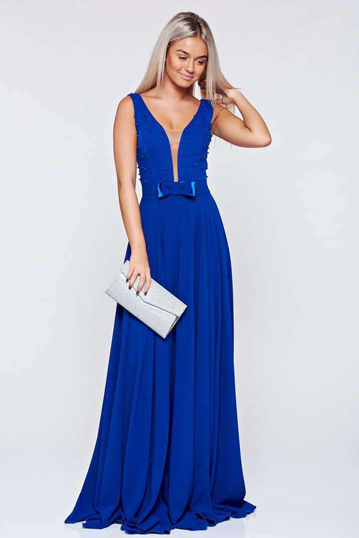 Abito lungo svasato blu Fofy con corpino decorato con piccole perline e fiocco, perfetto per occasioni eleganti.
