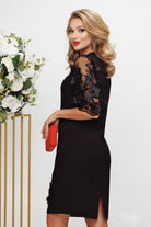 Abito corto nero Fofy con linea dritta, maniche e inserti in tulle a fiori 3D, vestibilità elegante e femminile