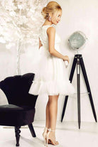 Abito princess bianco Fofy, corto con corpino floreale 3D e gonna in tulle decorativa, abbigliamento elegante femminile