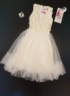 Abito corto Fofy bianco con corpino floreale 3D e gonna in tulle, svasato, perfetto per occasioni eleganti.