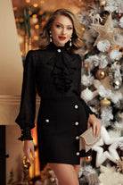 Camicia elegante nera Fofy in tessuto glitterato semitrasparente con collo alto, stile sofisticato e moderno.