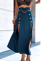 Gonna lunga verde petrolio con spacchi laterali e bottoni metallici dorati a pressione, moda-mania, abbigliamento femminile elegante