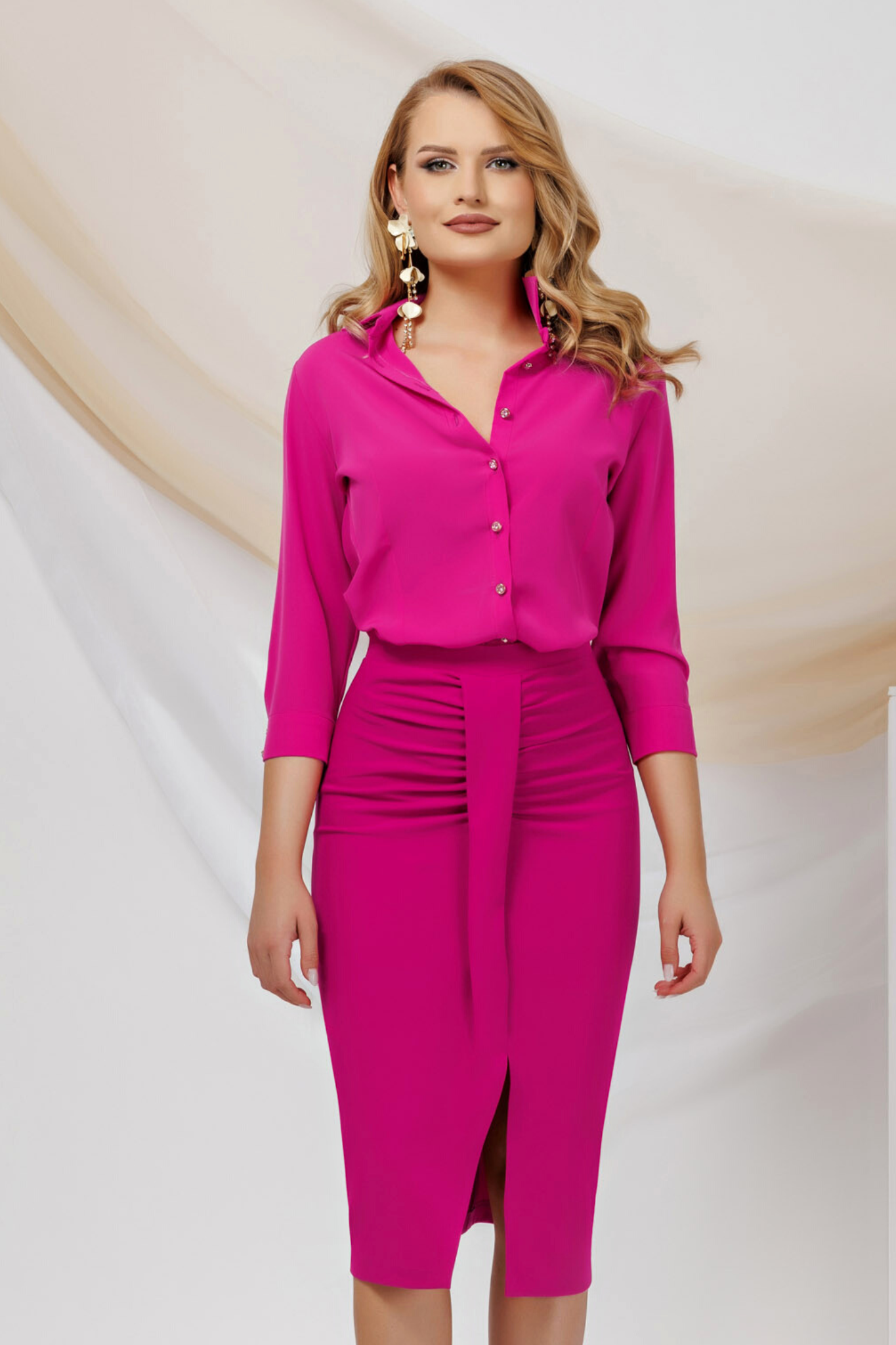 Gonna tre quarti fucsia a vita alta Pretty Girl con arricciature e spacco  asimmetrico | Moda Mania