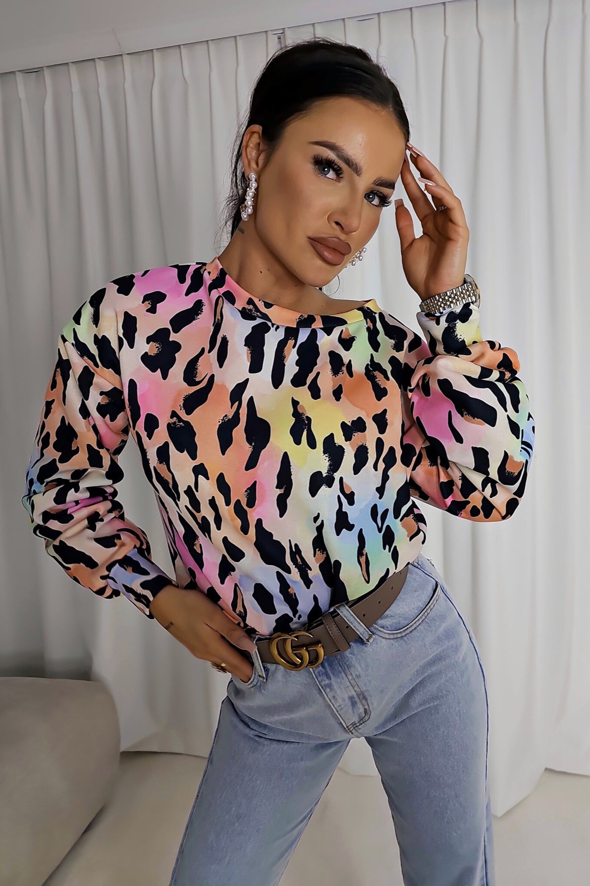 Maglia felpa casual Moda-Mania con stampa maculata multicolore, maniche lunghe e polsini, morbida e comoda per il tempo libero.