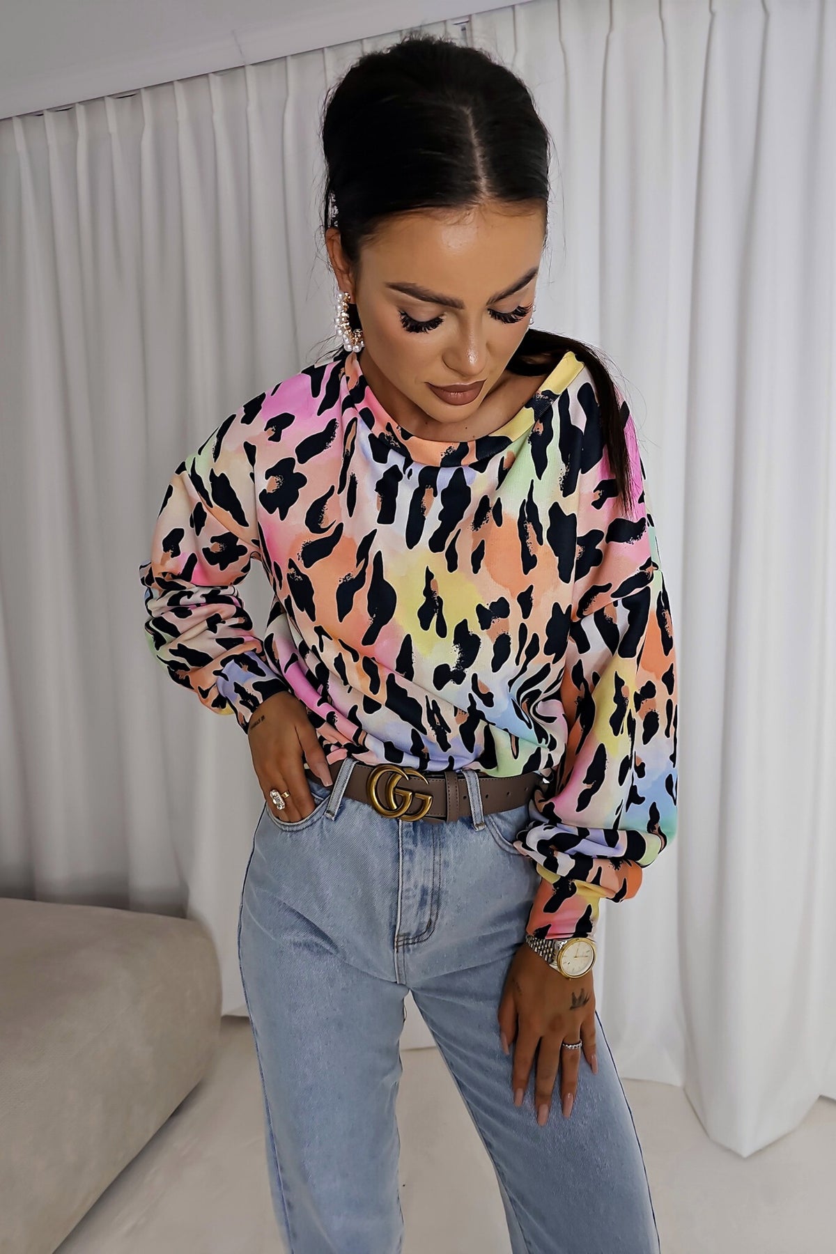 Maglia felpa casual Moda-Mania con stampa maculata multicolore, maniche lunghe e polsini, morbida e comoda da indossare