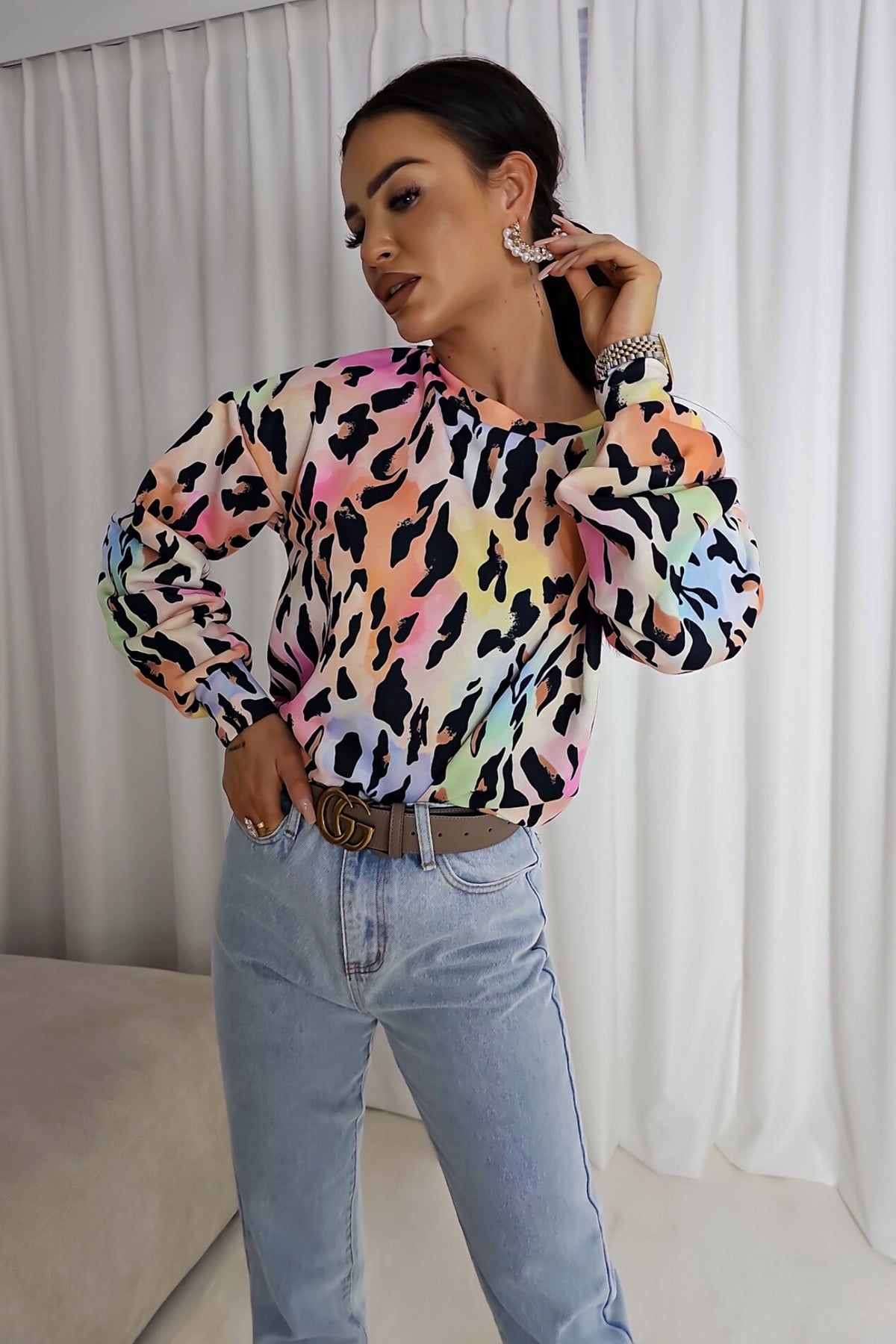 Maglia felpa casual Moda-Mania con stampa maculata multicolore, maniche lunghe e polsini, ideale per uno stile comodo e alla moda