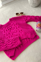 Maglione corto morbido Moda-Mania fucsia oversize con lavorazione traforata effetto uncinetto, girocollo, stile casual e originale