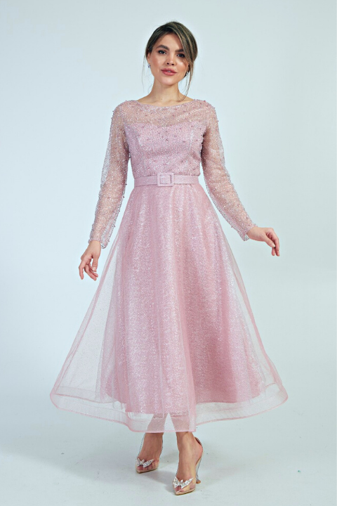 Abito da cerimonia midi in tulle lamè e chiffon rosa con corpetto decorato con brillantini e perle, moda-manìa.