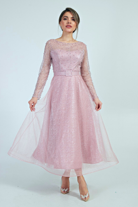 Abito da cerimonia midi in tulle lamè e chiffon rosa con corpetto decorato con brillantini, perle e strass, Moda-Mania