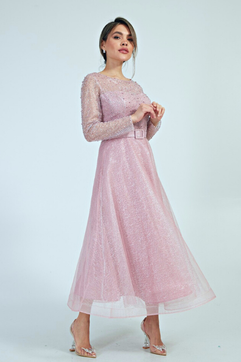 Abito da cerimonia midi rosa in tulle lamè e chiffon con corpetto decorato di brillantini e perle, brand Moda-Mania.