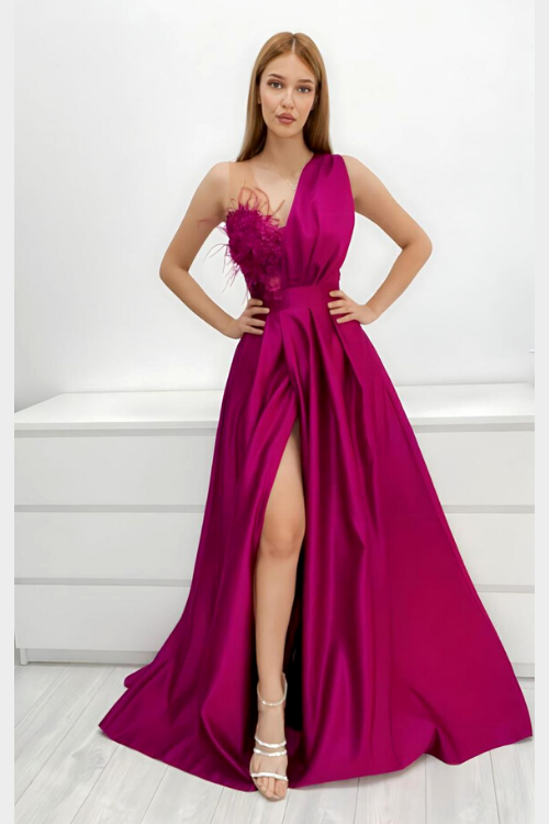 Abito lungo da cerimonia svasato magenta Axa con spacco laterale, corpetto con piume e fiori 3D, Moda-Mania