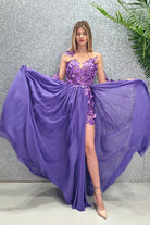Abito lungo lilla Axa di Moda-Mania con strascico e corpetto in tulle nude a fiori 3D, elegante e femminile.