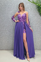 Abito lungo lilla Axa di Moda-Mania con strascico e corpetto in tulle nude a fiori 3D, elegante e femminile.