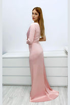 Abito lungo rosa cipria Moda-Mania con gonna a tulipano in taffetà, stile elegante e femminile.