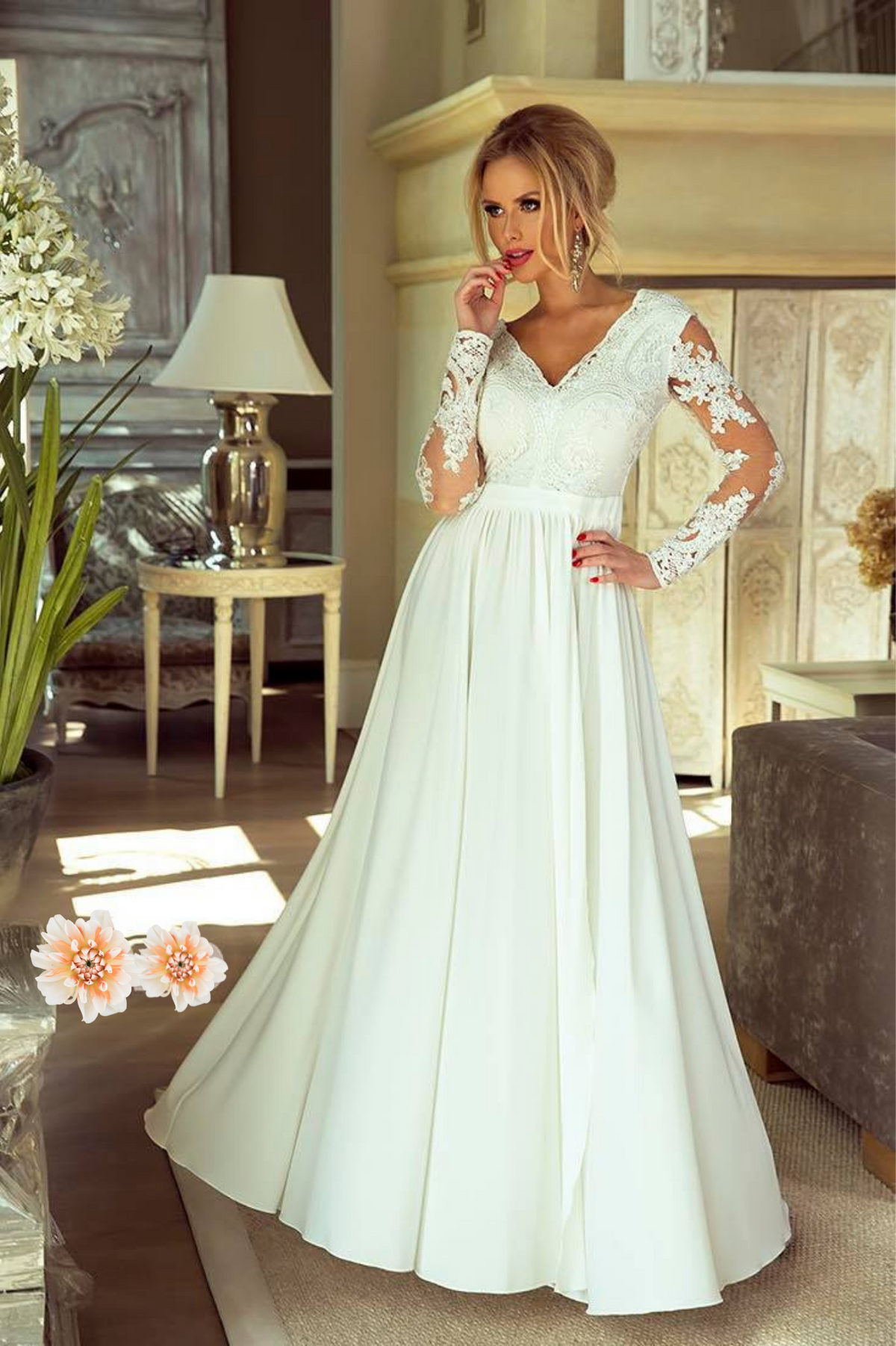 Abito lungo svasato bianco Moda-Mania con spacco laterale e corpetto in tulle ricamato, elegante e femminile.