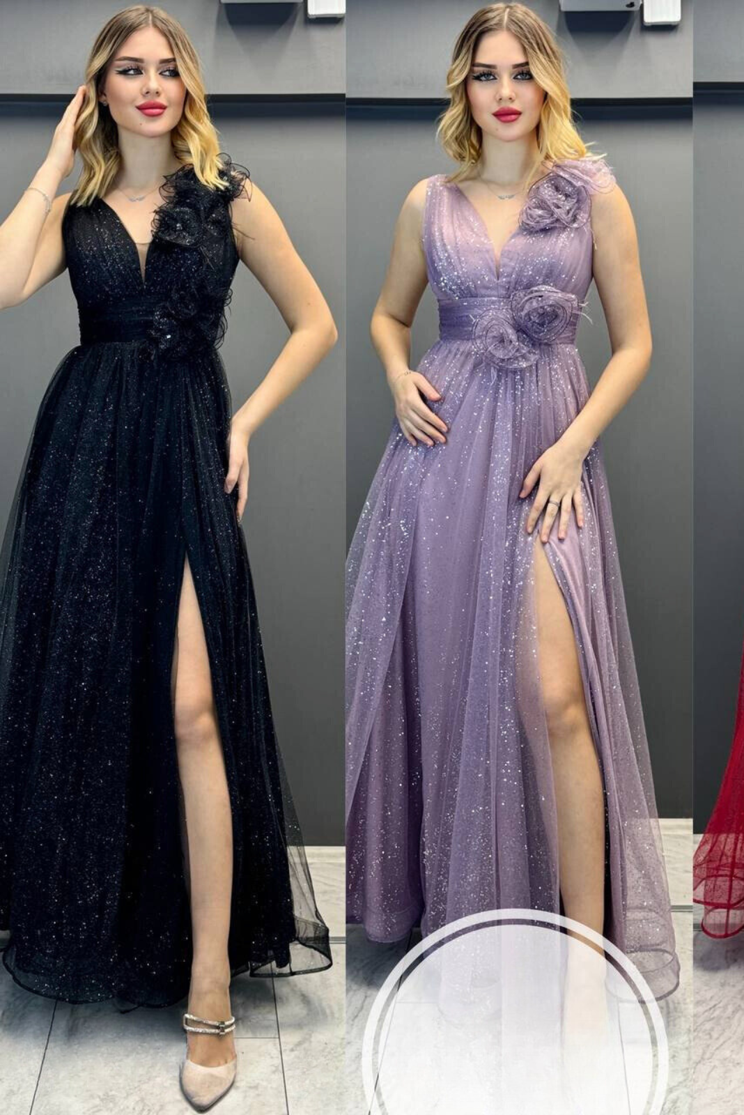 Abito lungo svasato lilla in tulle glitterato con spacco e fiori decorativi, firmato Moda-Mania.
