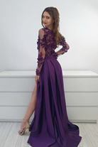 Abito lungo svasato viola prugna Moda-Mania con corpetto in tulle floreale 3D e gonna in taffetà, maniche lunghe elegante.