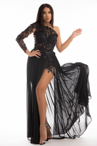 Abito lungo nero con manica singola e strascico in georgette, corpetto a fiori 3D, marca Moda-Mania
