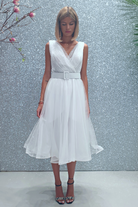 Abito princess bianco in tulle con corpetto a pois glitterati e cintura regolabile, abiti corti di Moda-Mania.