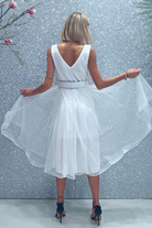 Abito princess bianco in tulle con corpetto a pois glitterati e cintura regolabile, abito corto di Moda-Mania.