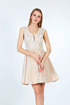 Abito svasato con scollo a V in tessuto beige chiaro e stampa glitterata argento, abiti corti Moda-Mania
