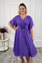 Abito svasato donna Moda Mania lavanda viola, maniche a campana, cinturino in vita con accessorio, lunghezza lunga, stile curvy
