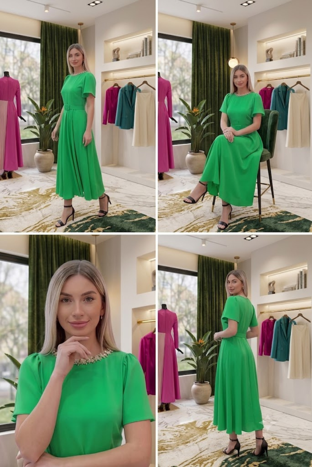 Abito svasato midi verde di Moda-Mania con cintura in vita, tasche laterali e accessorio in strass argento.