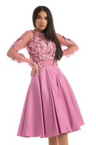 Abito corto svasato rosa scuro Moda-Mania con corpetto in tulle floreale 3D e gonna in taffetà, maniche lunghe elegante.