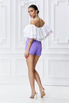 Pantaloncini corti viola Bby a vita alta con tasche laterali, pantaloni casual di marca Pretty Girl, vista frontale.