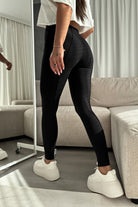 Leggings neri aderenti in cotone spesso elasticizzato a vita alta con cuciture longitudinali, pantaloni e leggins Moda-Mania