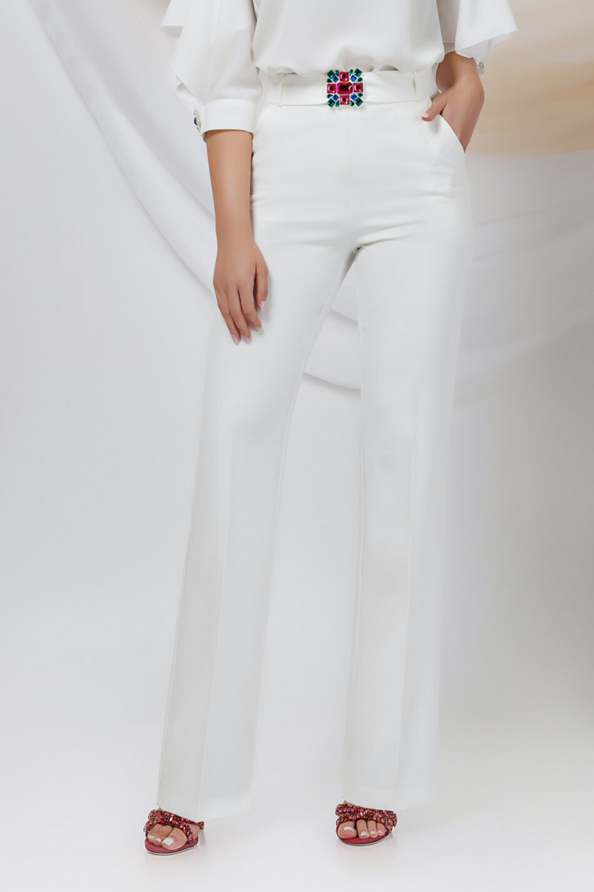 Pantaloni eleganti bianchi a gamba larga Pretty Girl con cintura rimovibile e fibbia gioiello, pantaloni e leggins femminili.