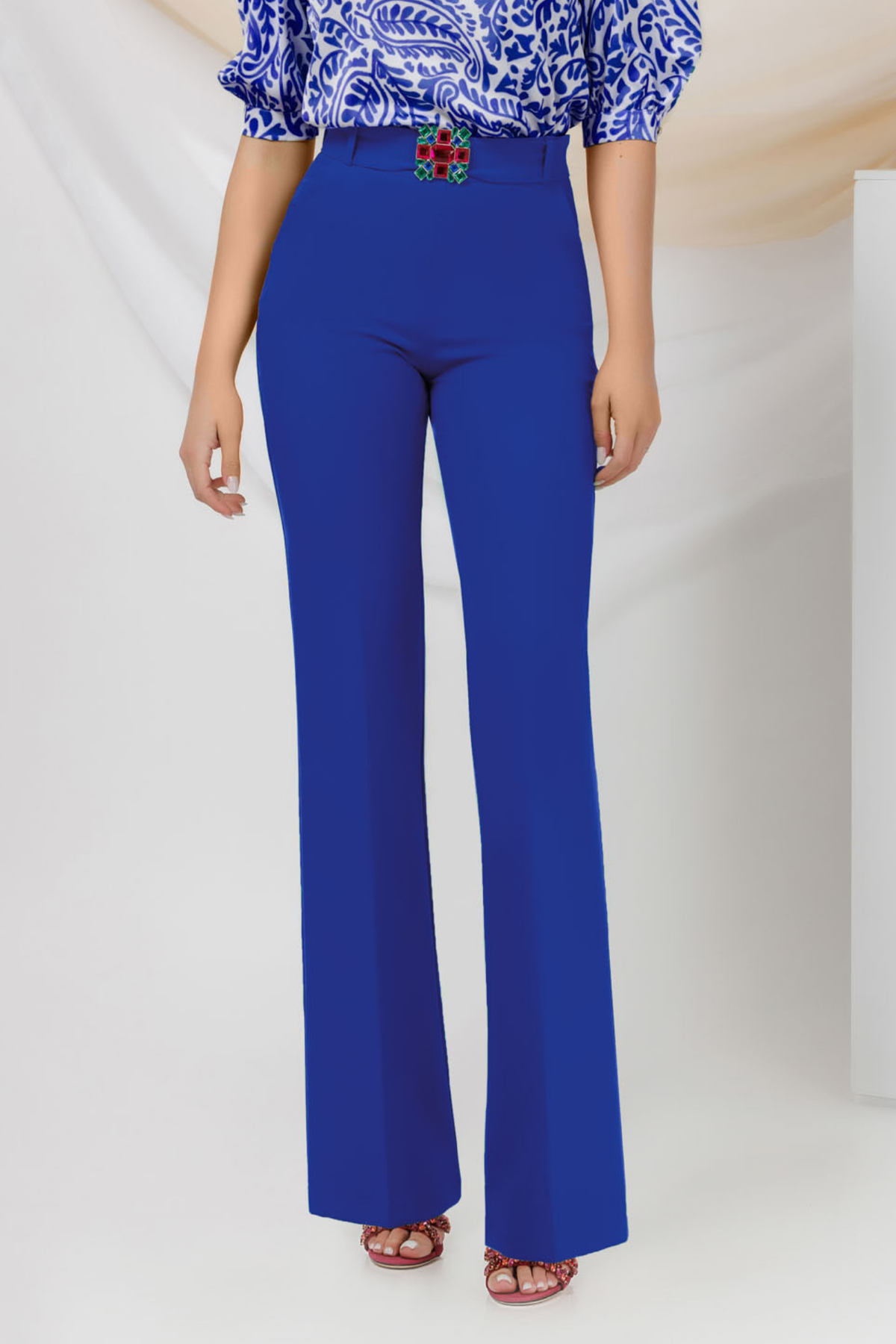 Pantaloni eleganti blu elettrico a gamba larga Pretty Girl con cintura rimovibile e fibbia gioiello, dettagliata e raffinata.