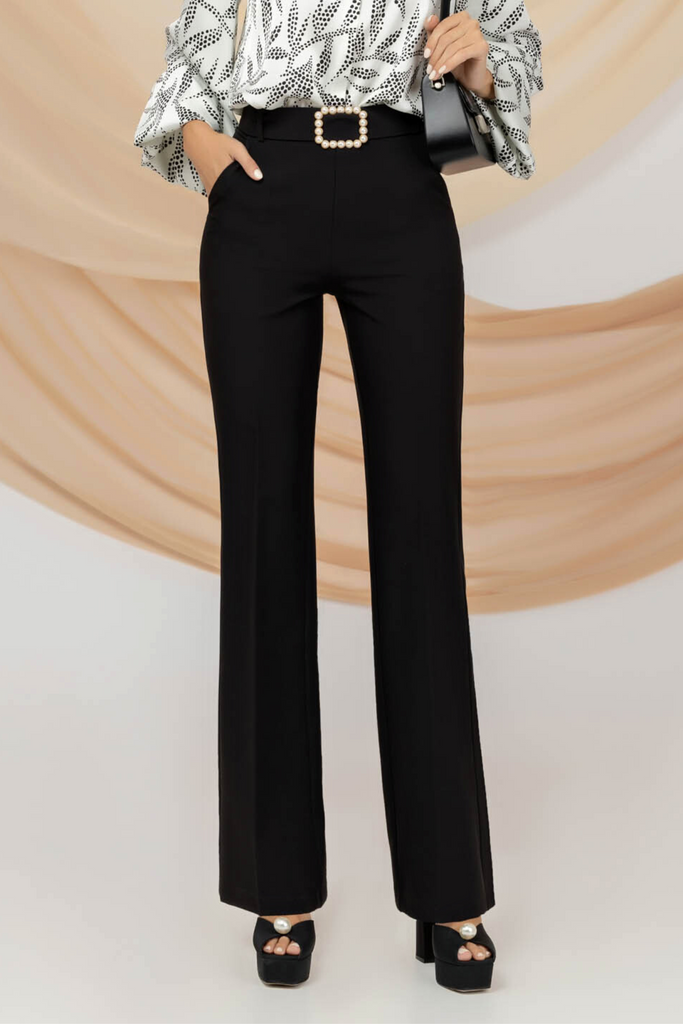Pantaloni eleganti neri a gamba larga Pretty Girl con cintura rimovibile accessoriata con fibbia gioiello