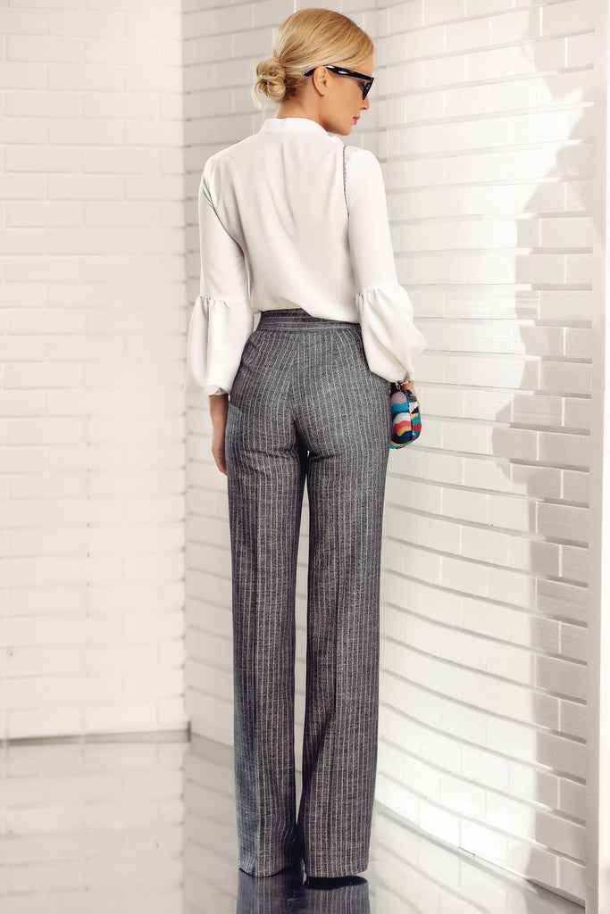 Pantaloni lunghi grigi a righe bianche Fofy modello elegante a gamba larga e vita alta