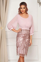 Abito a tubino rosa elegante Pretty Girl con corpetto velato e gonna in tulle e paillettes, vestito da sera corto e raffinato