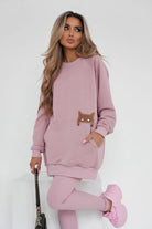 Set rosa Moda-Mania con maxi felpa in cotone con applicazione gatto effetto pelo beige e leggings a costine per bambino