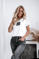 T-shirt bianco in cotone Moda Mania con stampa Vogue, maniche corte con risvolto, vestibilità casual e stile elegante